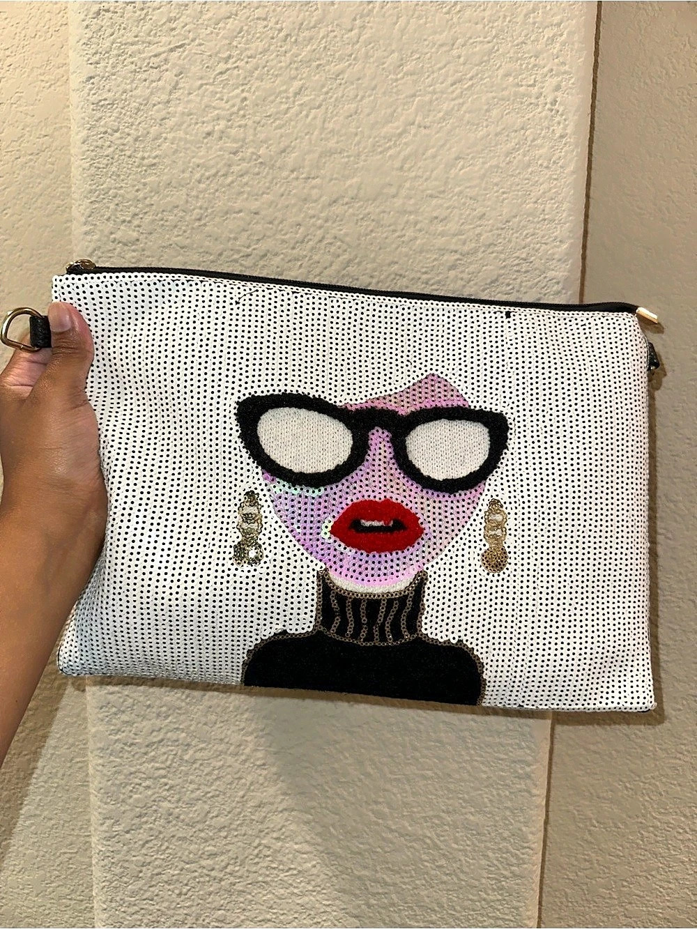 Black Sequin Face Crossbody Clutch in White & Black Like New